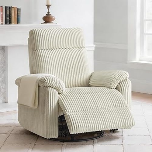 KISLOT Swivel Rocker Recliner for Adults, Corduroy 360 Degree Swivel Glider Recliner Manual 3-Position Adjustable Easy Assembly for Small Space Living Room Nursery Bedroom