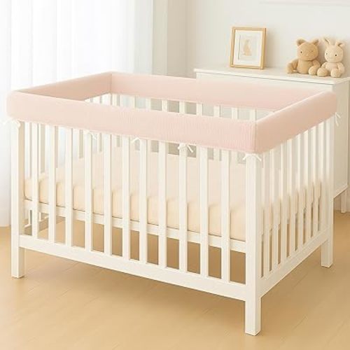 4 in 1 Crib Rail Covers for Teething,Soft Breathable Muslin Cover,Crib Rail Guard, Anti-Collision Strip Corner Cover, Crib Teething Cover, Rail Edge Protector Strip, 4 Pcs, Pink