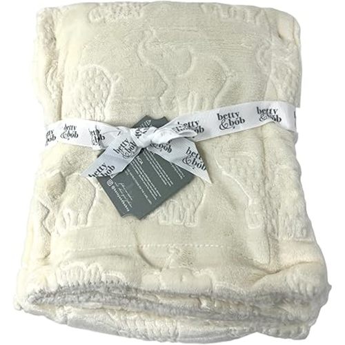 Beautiful Fluffy Cozy Unisex Baby Cover Cream Elephant Cozy Cuddly Embossed Polyester Plush Sherpa Backing Baby Blanket | 30 X 40 inches