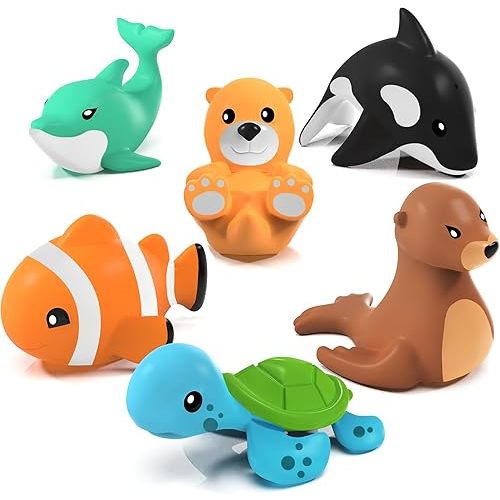 Tub Works® Marine™ Mold Free Bath Toys, 6 Pack | Sealed, No Hole Bath Toys Design Keeps Moisture Out | Soft, Squeezable & Float on Water | Easy-Grip Baby & Toddler Bath Toy Set | Great Baby Pool Toys