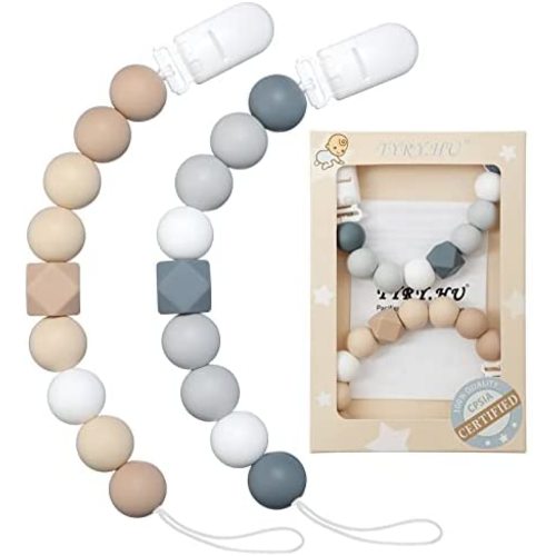 Pacifier Clip for Baby Boys Girls, Pacifier Holder,Neutral Binky Clips for Baby Gift,2 Pack(Oatmeal, Grey)