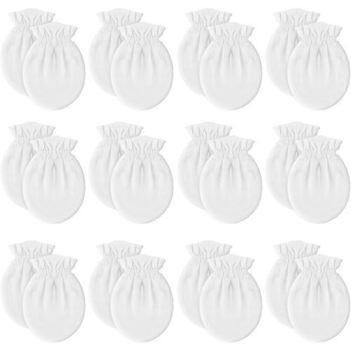 12 Pairs Newborn Baby Mittens,Unisex-Baby No Scratch Mittens,100% Cotton White Mittens for Baby 0-6 Months