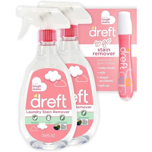 Dreft Stain Remover for Baby Clothes, Fragrance Free and Hypoallergenic Baby Stain Remover Spray Plus Travel Size Stain Treater Pen, 24 Fl Oz ( Pack of 2 + Stain Pen)