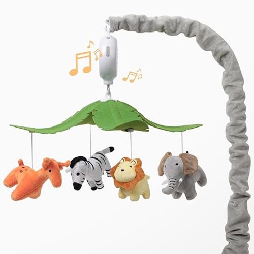 Baby Crib Mobile for Boys and Girls, Soft Plush Jungle Safari Animals Elephant Tiger Sloth Deer, Babies Nursery Decor, Calming Soother with 12 Lullabies Essential and Perfect Gift