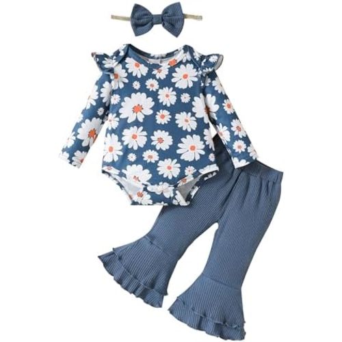 SUNNY PIGGY Baby Girl Clothes Ruffle Short Sleeve Romper Long Pants Set with Headband Newborn Infant Outfits