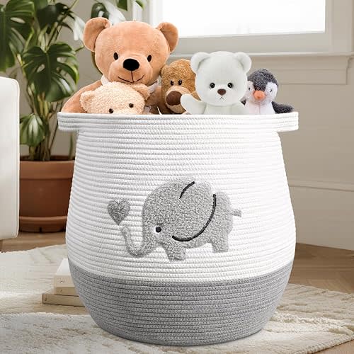 Large Baby Laundry Hamper, Gray Elephant Laundry Basket for Baby, Toy and Blanket Storage Basket for Nursery and Playroom, Cotton Rope Hamper for Kids, 17.7"x15.7"
