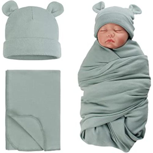 PESAAT Cotton Baby Swaddle Hat Set Newborn Infant Hats Receiving Blankets for Baby Boys Girls