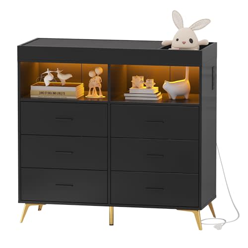 Patikuin Dresser for Bedroom with LED Lights and Power Outlet, Baby Changing Table Dresser with 6 Drawers, 2 Open Storage Shelves, Baby Dresser with Changing Table Top, Black