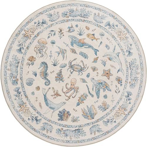 Soft Marine Animal Design Washable Faux Wool Stain Resistant Rug Rubber Non-Slip Backing for Playroom Bathroom Living Room Bedroom Bedside Cute Coastal Nautical Nursery Rug (Blue Multi, 5' Round)