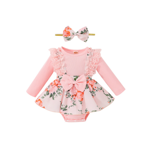 Wassery Baby Girl Clothes 3 6 9 12 18 Months Infant Fall Outfits Short Long Sleeve Floral Romper Bodysuit Headband 2Pcs Set