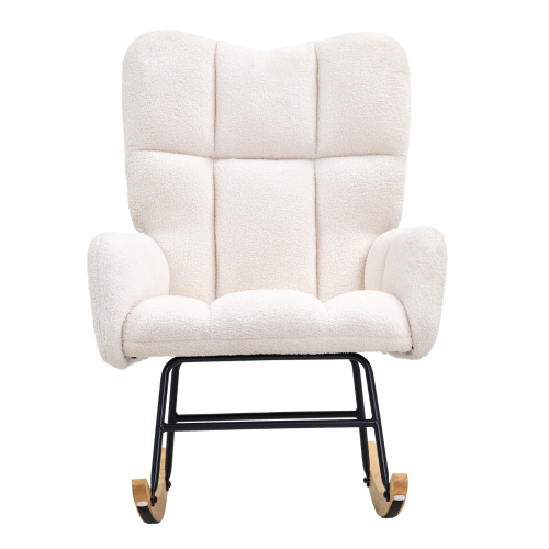 KFFKFF Nursery Rocker Chair, Glide Rocker with Cushioned Seat and Tall Back Support, 250 lbs Load Limit Teddy Fabric, Padded Glide Rocking Chair for Nursery, Bedroom, Living Room, Creamy White