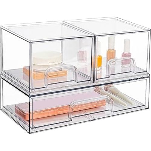 Vtopmart Stackable Storage Drawers Set of 3,Clear Plastic Organizer Bins for Makeup, Cosmetics, Beauty Supplies,Ideal for Vanity, Bathroom,Cabinet,Pantry Organization
