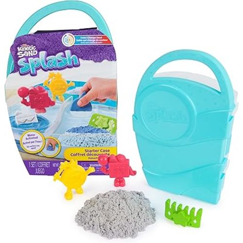 Kinetic Sand, Splash Starter Playset & Case with 6oz Color-Change Play Sand, 3 Tools & Molds, Reusable Storage, Sensory Toys for Kids Ages 3 and up