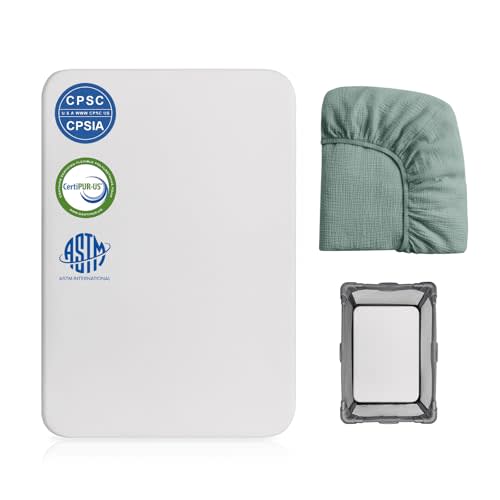 ThrivyHero Pack and Play Mattress Pad, 38x26 High Density Foam Pack N Play Mattresses with Ultra-Soft Jacquard Cover, Green Muslin Cover for Replacement, Portable and Machine Washable, White
