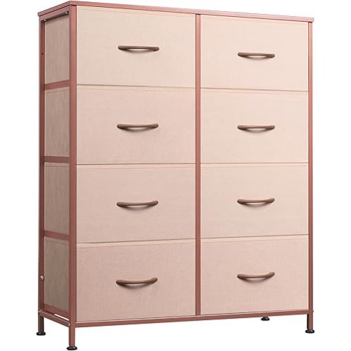 WLIVE Fabric Dresser for Bedroom, Tall Dresser with 8 Drawers, Storage Tower with Fabric Bins, Double Dresser, Chest of Drawers for Closet, Playroom, Dormitory, Pink and Rose Gold
