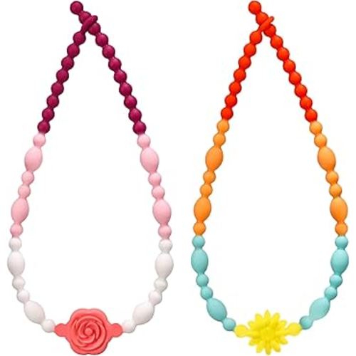 Teething Necklace for Baby, One-Piece Safety Design for Toddler, Chew Necklaces for Sensory Kids Adults with Autism, ADHD, Fidget, Biting, Anxiety - Flower Chew Jewelry Toys for Teething Relief