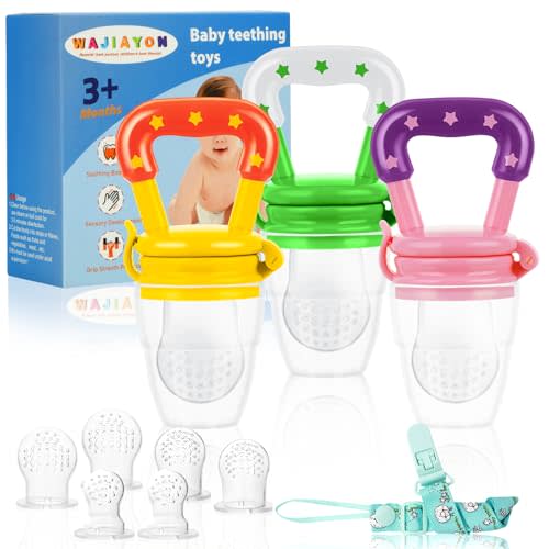 WAJIAYON Baby Fruit Feeder/Food Feeder Pacifier (3 Pack)- Infant Teething Toys | Silicone Teether Feeder Babies | Baby Feeding Essentials | Food Pacifier for Babies - Pink