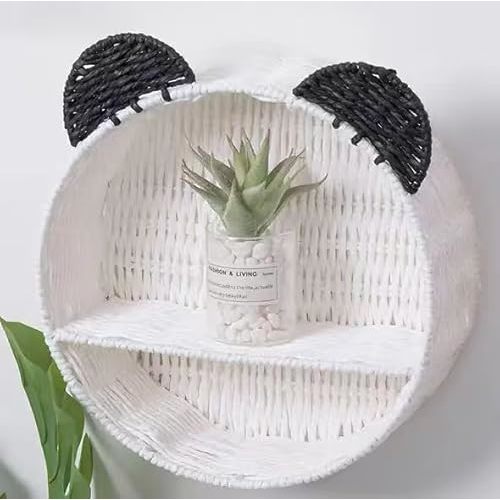 Panda Nursery Decor Wall Shelf, Handwoven Wicker Nursery Shelves for Wall, Wall Mounted Shelf for Small Books, Toys & Decor