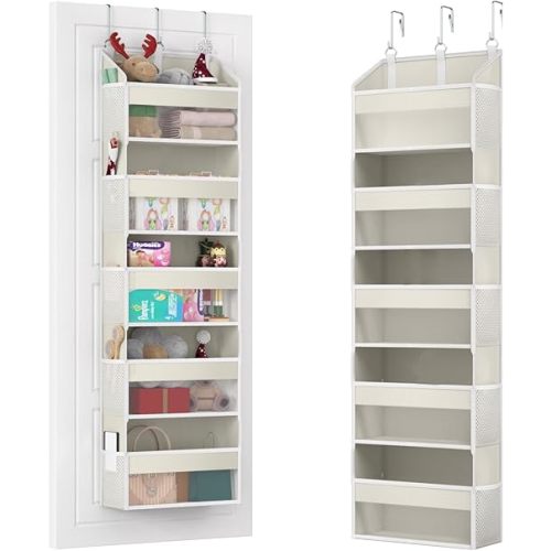 Over the Door Organizer with 5 Front & 10 Mesh Side Pockets, 50LB Capacity Extra Large Hanging Storage Organizer Multi-Room Space-Saving Design with 3 Hook for Closet, Bathroom, Kitchen, Pantry, Beige
