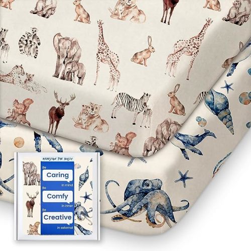 Graco Pack and Play Sheets Fitted, TotBasic Ultra Soft Mini Crib Sheets Boy, Neutral Pack N Play Mattress Sheets Hypoallergenic and Soothing, Premium Jersey Playrad Sheets, Safari Sea Animals, 2 Pack - Ocean Pals + Wildlife - Pack N Pack / Mini Crib Sheet