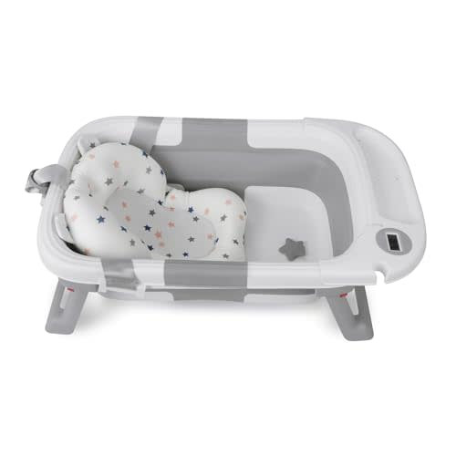 PandaEar Baby Bathtub for Newborn Infant, Collapsible Baby Infant Bath Tub Toddler Travel Bathtub with Soft Cushion & Drain Hole for Toddler 0-24 Months (Gray)