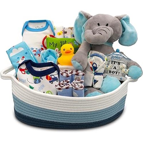 Bundle of Joy Deluxe New Baby Gift Basket | Newborn Baby Boy Gift Set with Baby Essentials | Baby Gift Basket for Expecting Moms | Baby Layette Set | Blue Baby Gift Set | Nikki's Gift Baskets