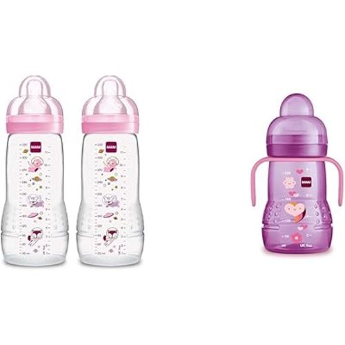 MAM Easy Active Baby Bottle 11oz, Easy Switch Between Breast and Bottle, Easy to Clean, 4+ Months & Plastic Trainer Cup (1 Count), 8 oz. Trainer Drinking Cup with Extra-Soft Spout
