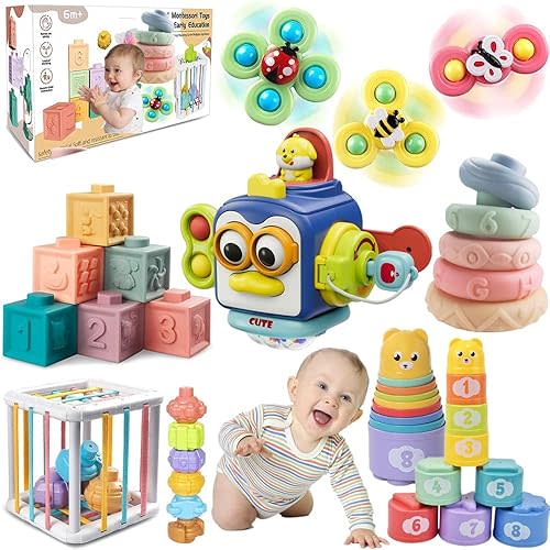 Baby Toys 6-12 Months, Montessori Toys for Toddlers 1-3 Year Old, Busy Cube Teether Infants Bath Toys 6 in 1 Stacking Blocks Rings, Suction Cup Spinner Toy, Shape Bin Sensory Toys. (0035)
