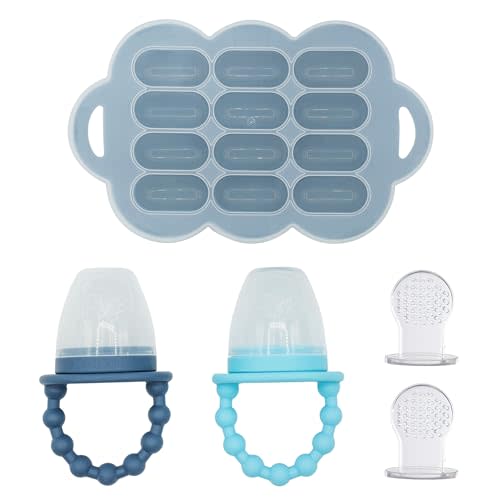 WeeSprout Silicone Baby Food Feeders + Freezer Tray for Batch Prep, Set of 2, Introduce New Foods Safely, Double as Teething Toys, Includes 2 Extra Pouches & Travel Lids, Dishwasher Safe