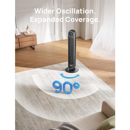 Dreo Tower Fan for Bedroom, 25ft/s Velocity 28dB Quiet Floor Fan, 90° Oscillating Fans for Indoors with 4 Speeds, 4 Modes, 8H Timer, Bladeless Standing Fan, Black, Nomad One (DR-HTF007)