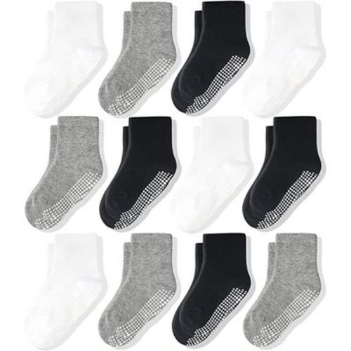 Cozyway Non-Slip Crew Grip Toddler Socks, 12 Pack for Boys & Girls, Black/White/Gray, 1-3 Years Old, Unisex