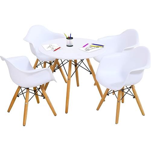 Costzon Kids Table and Chair Set, Mid-Century Modern Style Table Set Round Table with Armchairs for Toddler Children, Kids Dining Table and Chair Set (White, Table & 4 Chairs)