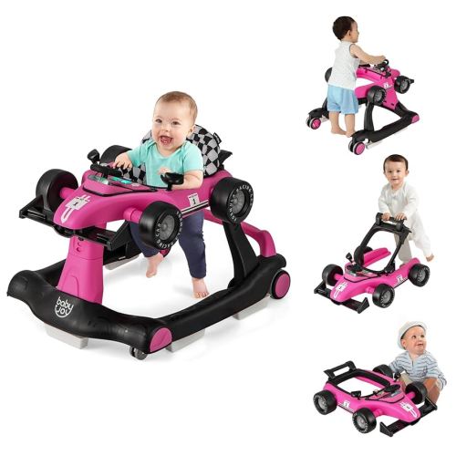BABY JOY 4-in-1 Baby Walker, Foldable Activity Walker with Adjustable Height & Speed, Music, Lights, Steering Wheel, Comfy Seat Cushion, Activity Baby Push Walker for Boys Girls Aged 6 –18 (Pink)