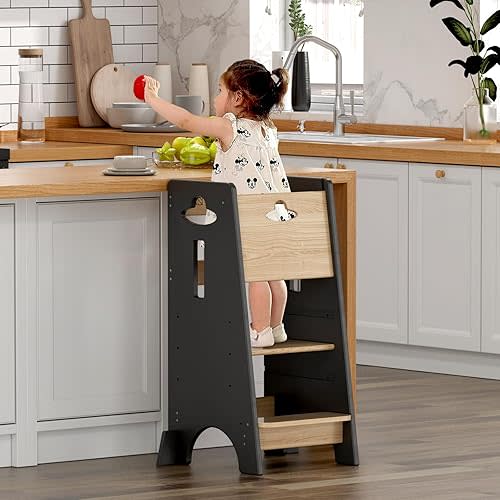 COSYLAND Toddler Standing Tower Adjustable Height - Super Stable Kids Kitchen Stool Helper - 3 Levels Adjustable Wooden Toddler Kitchen Stool (Natural & Dark Gray)