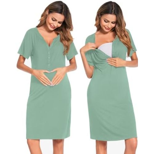 Ekouaer Nursing Nightgown Striped Women Short Sleeve Breastfeeding Sleep Dress Maternity Delivery/Labor Gown
