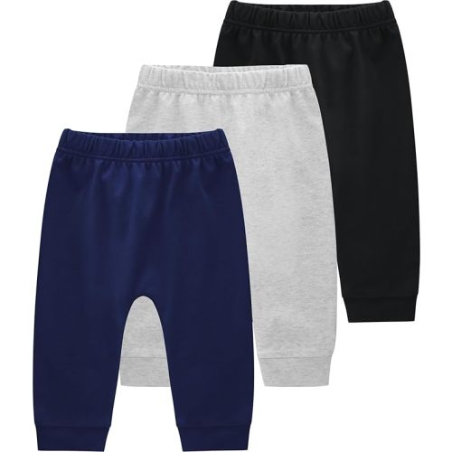 Baby Boys Cotton Pants, 3-Pack Infant Joggers, Sweatpants, Newborn to 18 Months