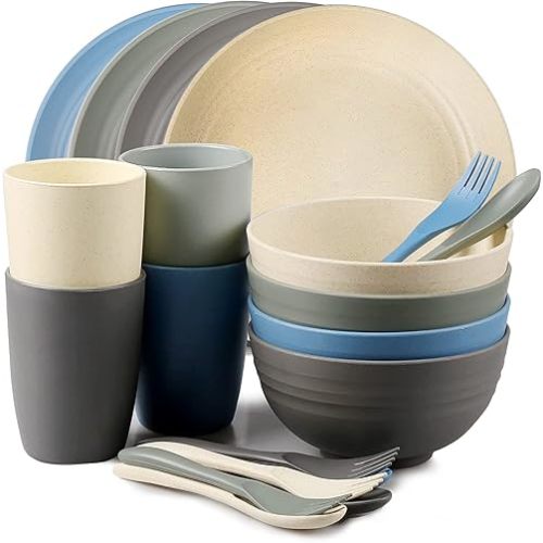 Shopwithgreen 20 Pcs Wheat Straw Dinnerware Sets Service for 4 Alternative for Plastic Dinnerware, Microwave & Dishwasher Safe Plates and Bowls Set with Cups/Forks/Spoons, Unbreakable Kids Dishes Set