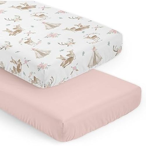 Sweet Jojo Designs Woodland Deer Floral Girl Baby Fitted Crib Sheet Set Infant Newborn Nursery Toddler Bed Room Standard Mattress 2p Pink Green Taupe Boho Bohemian Watercolor Forest Animal Shabby Chic