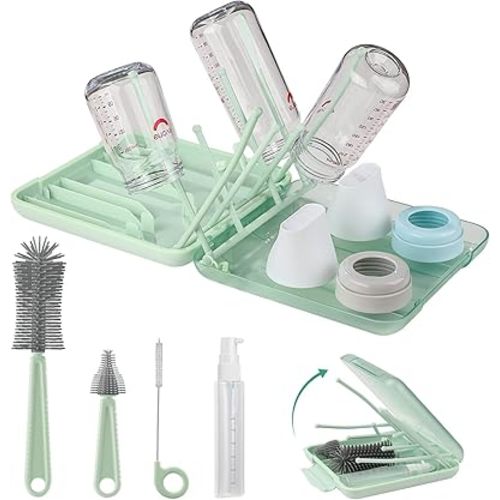 6 in 1 Bottle Cleaner Brush Set with Travel Bottle Drying Racks,360° Cleaning Baby Bottle Brush,Nipple Brush,Straw Cleaner Brush,Soap Dispenser & Organizer Case,Baby Essentials for Home&Travel(Green)