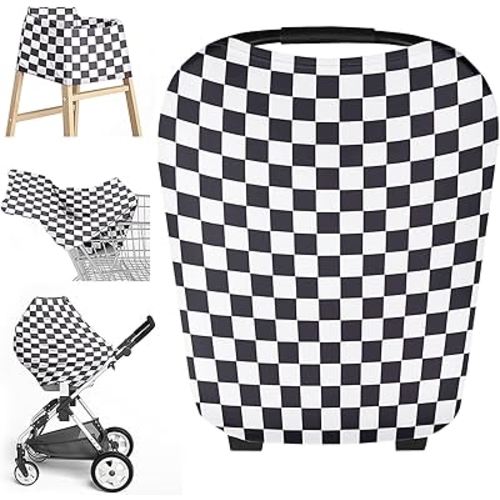 Little Jump Multi-use Baby Carseat Cover, Breathable Nursing Cover, High Stretchy Infant Carseat Canopy, Stroller Cover, Car Seat Covers for Bbies, Boys & Girls(Black Checkered)