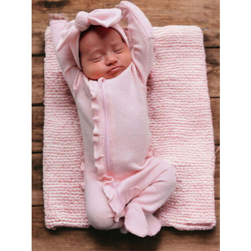 Organic Waffle 2-Way Zip Ruffle Footie, Blush