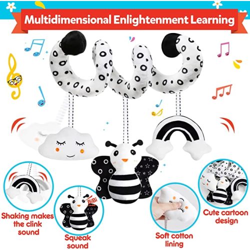 GKDOMS Baby Spiral Hanging Stroller and Car Seat Toys Black and White High Contrast Sensory Toy Newborn Plush Activity Toys New Year Gift for 0 3 6 9 12 Months Girls Boys-BEE