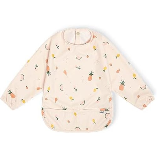 Lalo Smock Bib - Long Sleeve Baby Bib, Elastic Cuffs for Comfort, Large Catch-All Pocket, Waterproof Recycled Polyester - Durable Baby Smock Bib for Mealtime - Ages 6-24 Mo. - Fruit Print Grapefruit