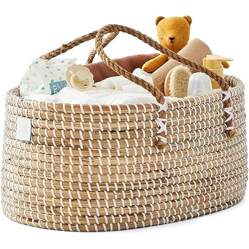 Baby Diaper Caddy Organizer - Handmade Organic Seagrass - Luxury Diaper Caddy Basket - Cute Diaper Caddy for Baby Girl & Diaper Caddy for Baby Boy - White (Natural)