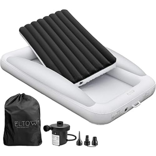 ELTOW Toddler Blow-Up Mattress with Sides, Inflatable Toddler Travel Bed with Safety Bumpers, Portable Kids Air Mattress for Travel, Complete Set with High-Speed Pump & Carry Bag - Black