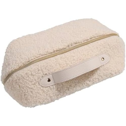 Makeup Bag - Large Capacity Travel Cosmetic Bag, Travel Toiletry Bag Cute Plush Makeup Pouch with Handle and Divider Flat Lay Portable Makeup Case Organizer for Women (White)