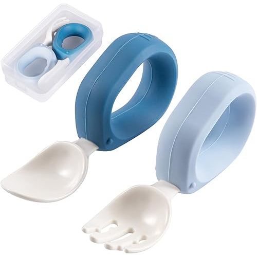 Baby Self Feeding Training Spoon and Fork Set with Travel Case, BPA-Free Cute Circle Toddler Training Utensils, Silicone/ABS Great Tableware Set Spoons Fork for Kids(Blue & Light blue)