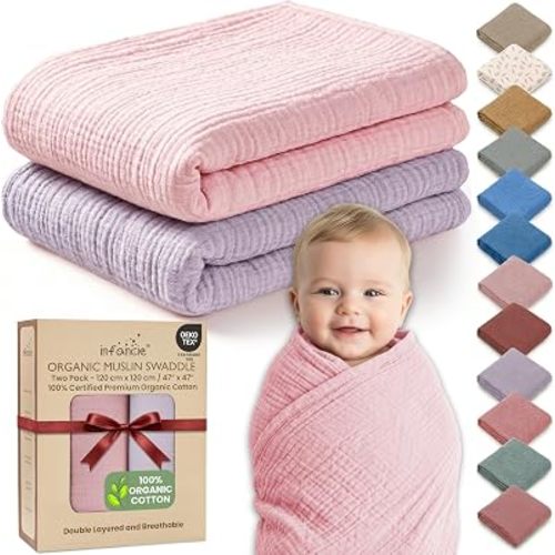 100% Organic Cotton Baby Muslin Blanket 2 Pack 120x120 Girl Gift