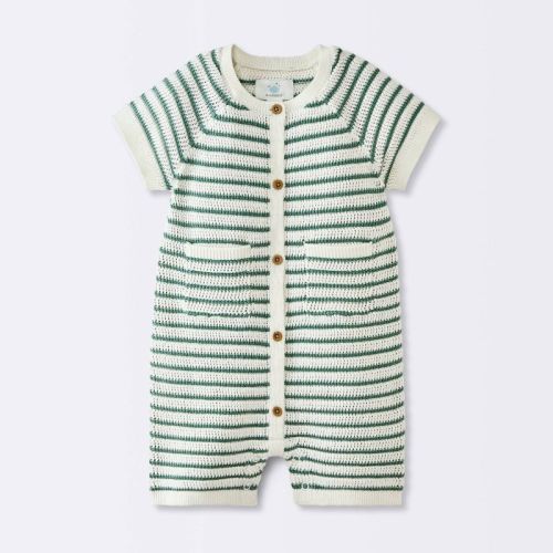 Baby Boys' Short Sleeve Striped Sweater Romper - Cloud Island™ Green 0-3M
