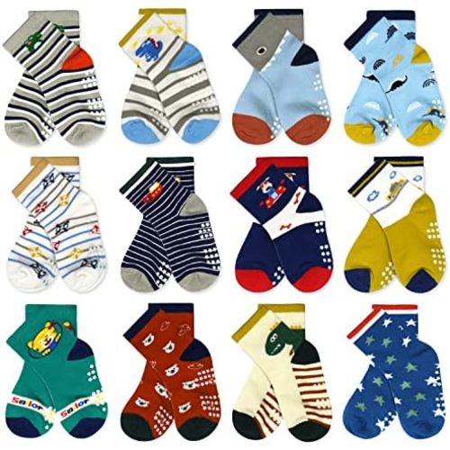 Tphon Non Slip Kids Toddler Socks with Gripper 12 Pairs Anti Skid Boys Girls Socks for Baby Socks for 1-7 Year Children
